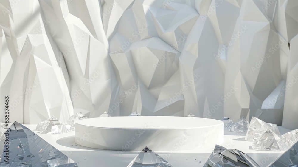 Poster a round, white platform stands within a geometric ice cave surrounded by numerous crystal formations