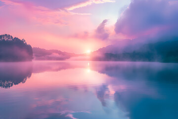 Obraz premium A serene sunrise over a calm lake with mist rising from the water, soft pastel colors, and a tranquil mood