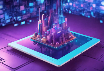 Build on a circuit board cyberspace and technology conce Generative AI, Watercolor of Futuristic Metropolis High Tech Structures Neon Lights in Vi 2D Design Clipart Flat, Smart night city infrastruc

