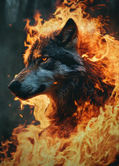 Fire in Wolf, Picture of wolf, Devilish animal tattoo burning wolf head on black background


