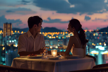 A young couple enjoying a romantic dinner on a rooftop with city lights in the background, intimate and warm ambiance, elegant setting