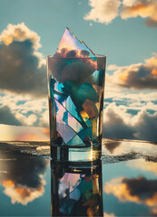 A glass of ice sits on a table with a purple background, Glass of water on blue background, Neofuturistic style cocktail drink with smoke


