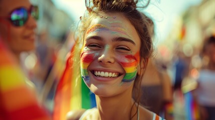 Obraz premium Portrait of a young person with a painted rainbow face, beaming with pride, surrounded by a lively parade atmosphere and waving flags