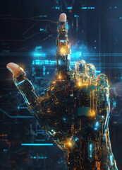 Machine learning Hand of robot touching on big data neGenerative AI, Power mans finger is charging passive circuit board with blue energy, The robot mechanical arm presses the hand and index finger 

