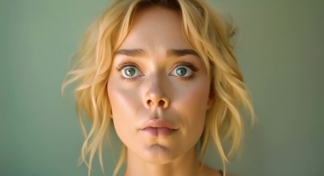 Blonde woman with wide eyes and open mouth expresses astonishment. Concept Surprised Expression, Facial Expressions, Blonde Woman Portrait, Wide-Eyed Astonishment