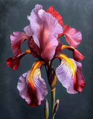 Beautiful iris flowers on a foggy morning Toned, Blue And Yellow Flowers, Purple iris flowers with a green background and a blue sky generative ai


