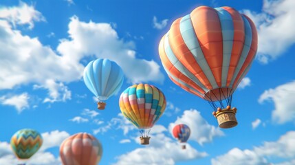 Fototapeta premium Balloons of different sizes and colors float in the sky. The balloons are surrounded by clouds and the sky is a clear blue color.