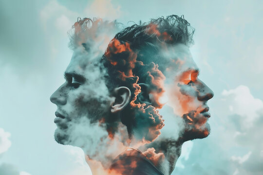 Double exposure creative image, two male faces merged with clouds, concept of mental health, depression, personality disorder, generative ai