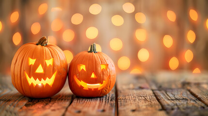 Halloween pumpkins with smiling faces carved in the style of wooden table against a blurred lights bokeh background