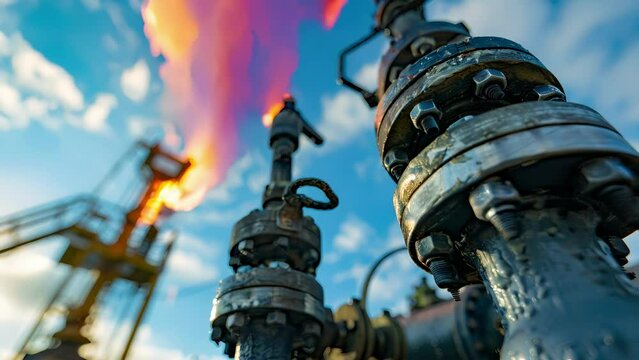 A closeup of a hydraulic fracturing wellhead with a flare stack burning off excess gas.