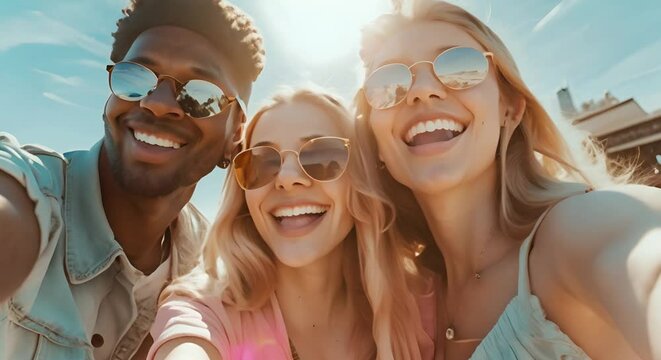 Friends having a great time in the city during summer, capturing happy moments on camera. Concept Friendship, City Summer Fun, Happy Moments, Photography, Urban Adventures