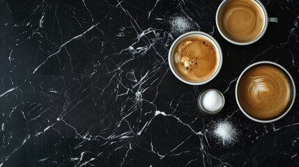 Espresso coffee milk and sugar arranged on black marble surface Background with room for text