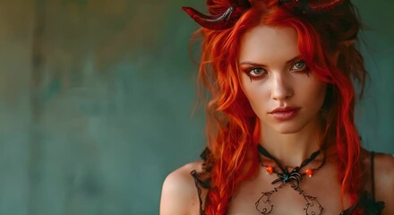 Stunning woman with fiery red hair rocks Halloween as a devil. Concept Halloween Photoshoot, Fiery Red Hair, Devil Costume, Stunning Woman, Spooky Vibes