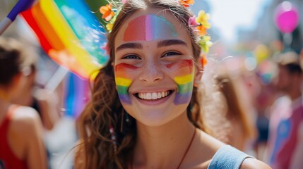 Portrait of a young person with a painted rainbow face, beaming with pride, surrounded by a lively parade atmosphere and waving flags