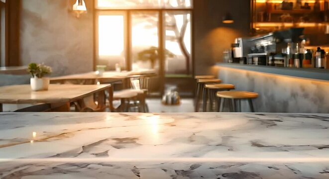 Elegant White Marble Table in Coffee Shop with Blurred Background and Copy Space. Concept Coffee Shop, White Marble Table, Blurred Background, Copy Space