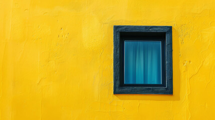 Square window on yellow textured wall