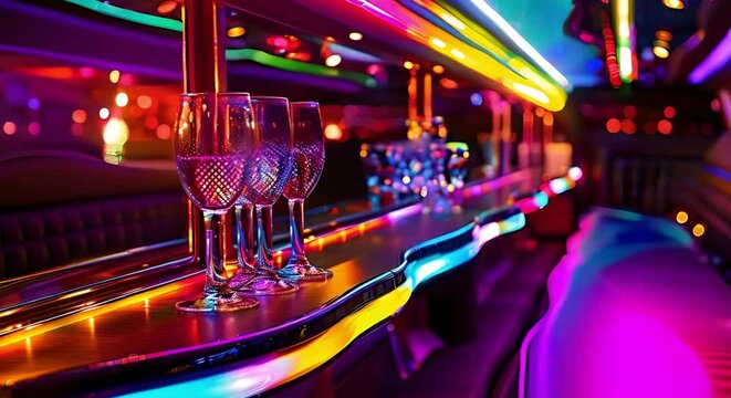 Luxury limousine interior with a stylish bar for partying. Concept Party Experience, Stylish Interior, Luxury Limousine, Entertainment Options, Socializing Atmosphere