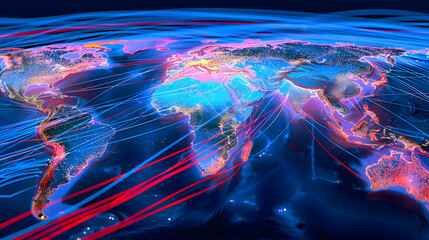 Undersea cable network map visualizing global internet traffic flows and data exchange hubs in vibrant, dynamic colors