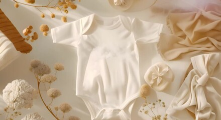 Newborn white bodysuit mockup for baby clothes top view. Concept Baby Clothes, Newborn Fashion, White Bodysuit, Mockup, Top View