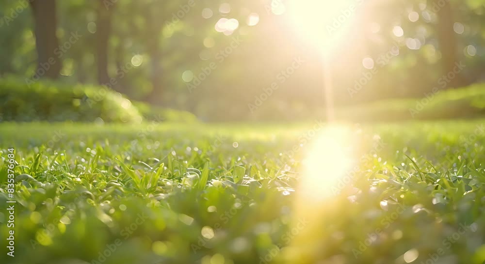 Poster beautiful blurred background image of spring nature with a mowed lawn centered copy space selective 