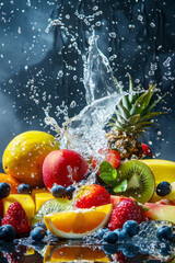 Assorted fruits of orange, berries, grapefruit, lemon, strawberry falling into clear water, vertical