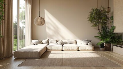 Step into the contemporary elegance of a modern American living room showcasing clean lines, a minimalist fireplace, sleek furniture, statement lighting fixtures, abstract artwork