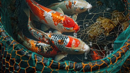 Colorful koi fish enclosed in a pond with a net cover