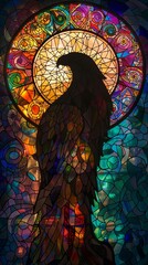 Obraz premium A colorful stained glass eagle is perched on a sun