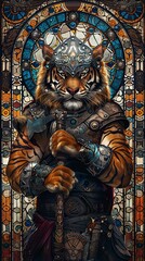 A tiger is depicted as a warrior, holding a sword and wearing armor
