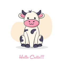 Cartoon style Cow illustration with hello cutie written. Animal nature wallpaper concept. Cow isolated on plain background.