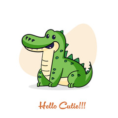 Cartoon style Crocodile illustration with hello cutie written. Animal nature wallpaper concept. Crocodile isolated on plain background.
