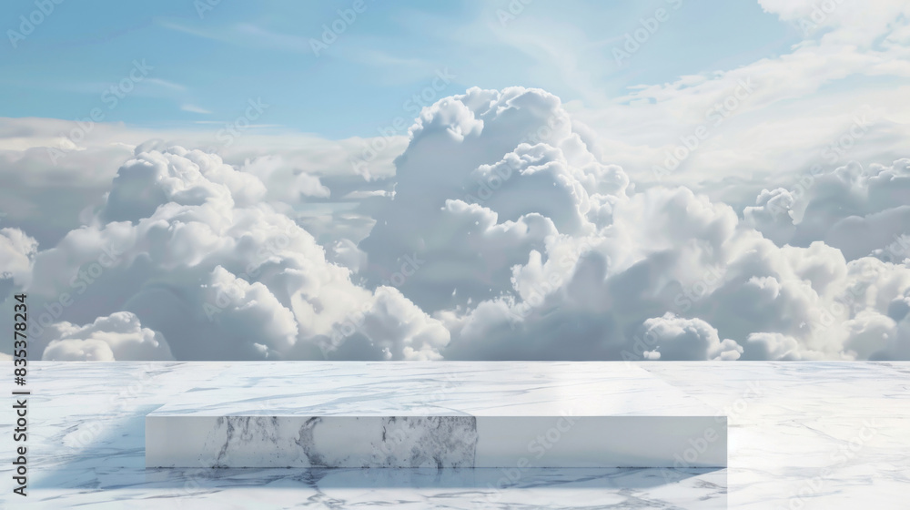 Poster white marble stage with cloudscape, ideal for product display