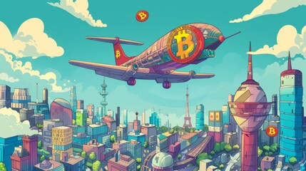Naklejka premium A colorful illustration of a city with a Bitcoin-themed airplane flying overhead.