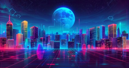 A neon cityscape with glowing lines and holographic buildings, set against an endless grid of digital landscapes. The background features futuristic skyscrapers under the glow of stars or moons, creat