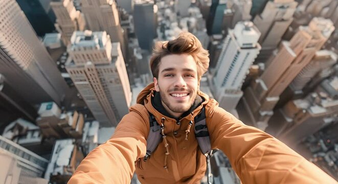 Daring young man captures selfie on skyscraper roof overlooking cityscape. Concept Adventure Photography, Urban Exploration, Selfie on Skyscraper, Cityscape Photoshoot, Daring Poses