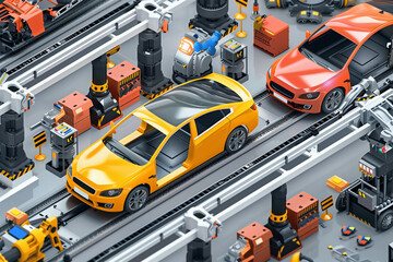 Fototapeta premium Car Being Assembled on Conveyor Belt