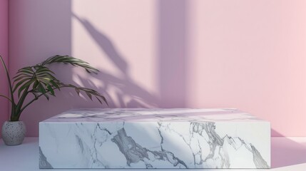 A marble pedestal sits beside a potted plant against a pink wall. Sunlight and shadows create a serene atmosphere.