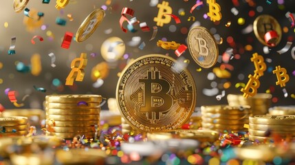 A golden bitcoin with colorful confetti falling from above.