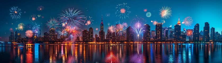 Fireworks bursting over a cityscape, reflecting on a river, Pop Art, Vibrant Colors, Digital, showcasing urban July 4th celebrations 8K , high-resolution, ultra HD,up32K HD