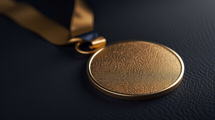 Macro shot of a textured golden award medal with ribbon on a dark surface, conveying achievement and prestige
