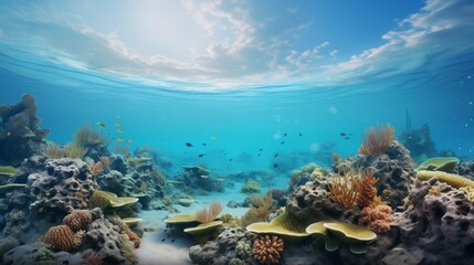 Stunning Underwater Scene of a Vibrant Coral Reef under Clear Blue Water
