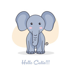 Cartoon style Elephant illustration with hello cutie written. Animal nature wallpaper concept. Elephant isolated on plain background.