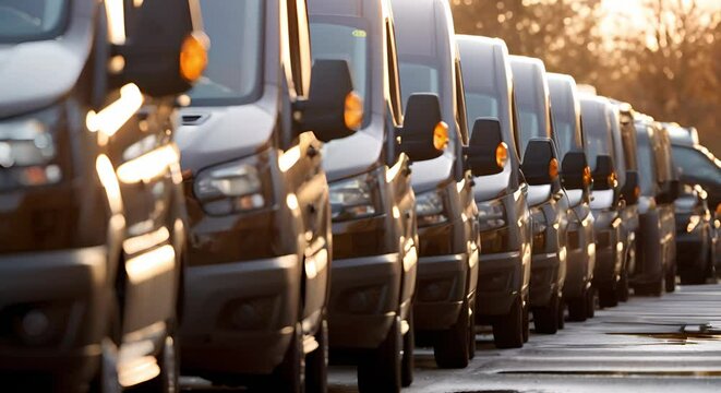 Row of black delivery vans parked in commercial fleet setting. Concept Delivery Vans, Commercial Fleet, Black Vehicles, Parking Lot, Industrial Setting