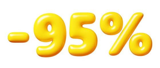 Balloon number minus ninety five percent sign for sale concept. 3d render illustration of yellow plastic glossy discount typography -95. Cartoon bubble element percentage off for special offer promo.