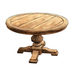 Round wooden table with a rustic design, featuring a sturdy pedestal base. Ideal for dining or decorative purposes in various settings. transparent backgrounds