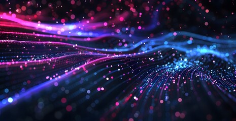 Fototapeta premium Abstract background with lines and glowing dots in blue, purple and red colors on a dark black backdrop 