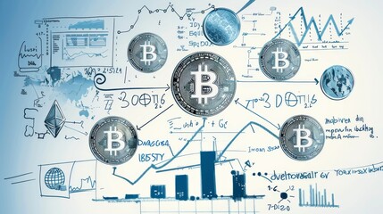 Fototapeta premium The image shows the concept of blockchain technology with a large bitcoin in the center and other crypto currency symbols and graphs in the background.