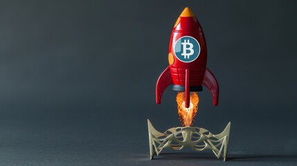 The red rocket with bitcoin symbol takes off on a gray background. The concept of the growth and development of crypto currency.