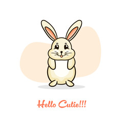 White easter bunny rabbit sitting on a abstract background. Smiling and a happy face rabbit with text Hello Cutie.