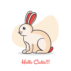 White easter bunny rabbit sitting on a abstract background. Smiling and a happy face rabbit with text Hello Cutie.